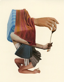 Collage of a textiles composition with a hand, an arm with a giant fork in the hands and a pair of legs.