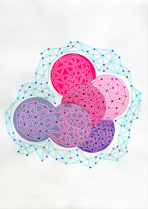 Abstract collage of organic and geometric forms realised with circular paper cuts and pens.