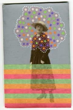 Collage realised over a vintage portrait of a young woman decorated using fluorescent washi tape mt and posca pens.