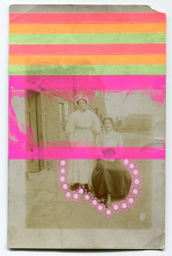 Collage realised over a vintage portrait of two women in outdoors decorated with posca pens and washi tape.