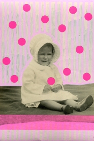 Collage over a baby girl vintage portrait decorated with pastel pink and neon pink colours.
