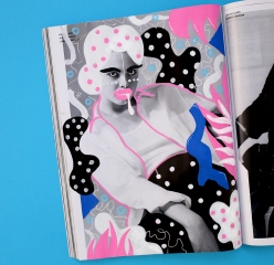 Still life photo of an open fashion magazine with a model photo decorated with colorful pens.