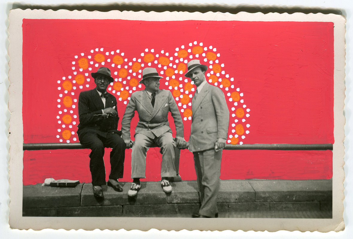 Collage on vintage photo of three men.