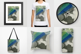 Photo collage of 6 art prints of my artworks available on Society6, framed art prints, T-shirt, wall clock, tote bag, throw pillow and iphone skin.
