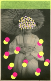 Collage over a vintage portrait of a young girl dressed with kimono.