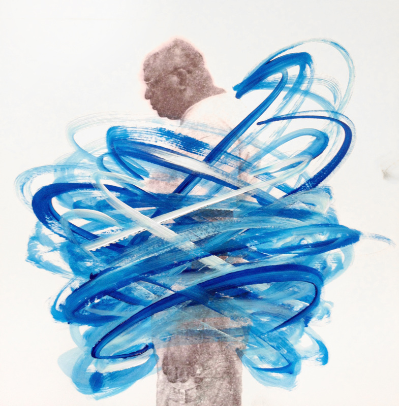 Man portrait with the body covered with blue acrylic stripes.