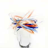Man portrait with the face covered with orange and blue acrylic stripes.