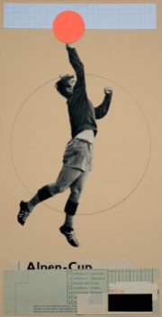 Collage of a soccer player jumping and holding a fluorescent orange ball.