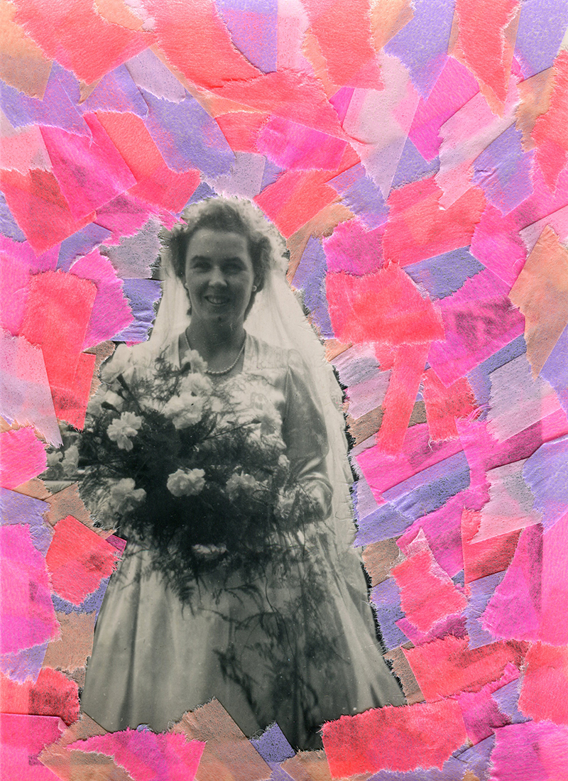 Collage on vintage wedding photo of a bride portrait.