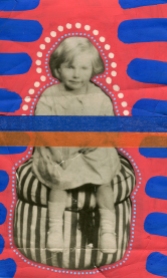 Collage over a vintage baby girl portrait decorated with electric blue and deep red shades.