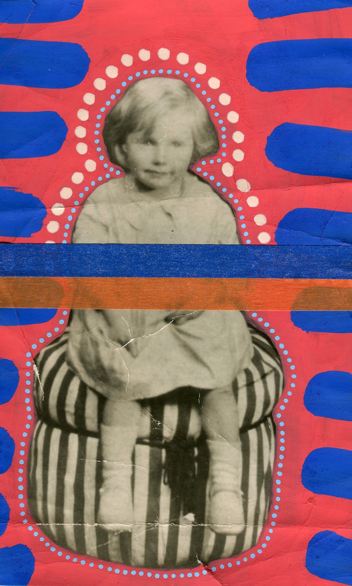 Collage over a vintage baby girl portrait decorated with electric blue and deep red shades.