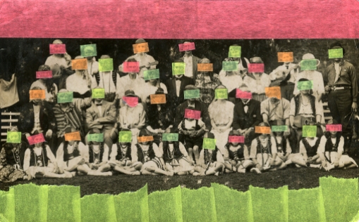 Collage over a vintage group photo decorated using neon washi tape.