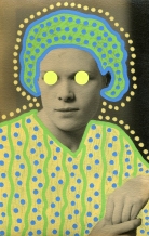 Collage realised over a vintage woman portrait and decorated with neon yellow stickers and blue and yellow pens.