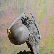 Collage of an headless woman holding a giant ball in her hand.