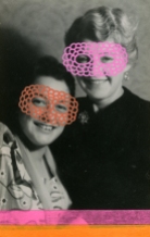 Collage over a vintage portrait of two smiling women decorated with pens and washi tape.