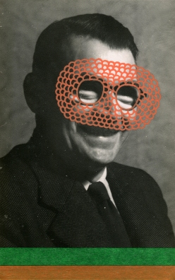 Collage over a vintage smiling man photo decorated with pens and washi tape.