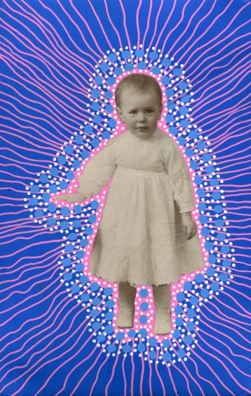 Collage done over a vintage baby girl portrait photo and decorated with electric blue, light blue, white and neon pink pens.