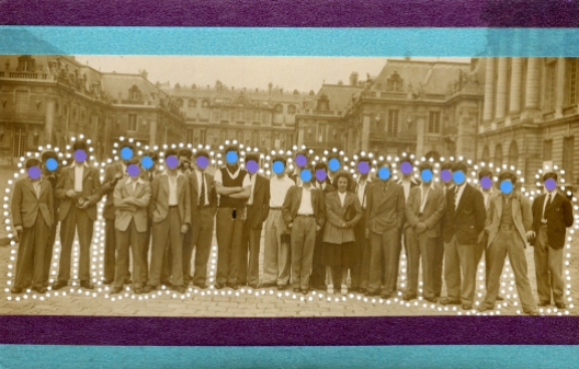 Collage over a vintage group photo decorated with pens and washi tape.