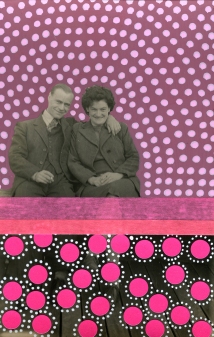 Collage realised over a vintage couple photo and decorated with neon pink stickers, neon red and pink washi tape and pastel pink and red wine pens.