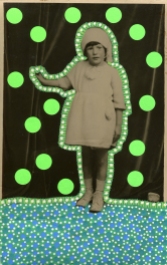 Collage on vintage baby girl portrait decorated with neon green stickers and green pens.