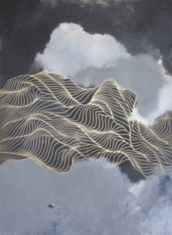 Abstract paintings of golden fluid lines moving over a grey and black background.