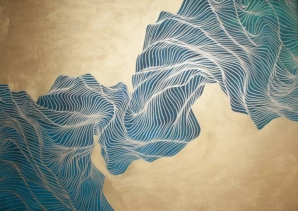 Abstract composition of fluid lines that creates a light blue abstract form over a golden background.