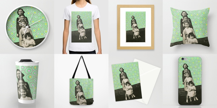 Photo collage of 8 art prints of my artworks available on Society6, wall clock, T-shirt, framed art print, throw pillow, travel mug, tote bag, stationery card and iphone skin.