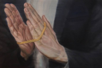 Painting of a pair of hands holding rubber bands.