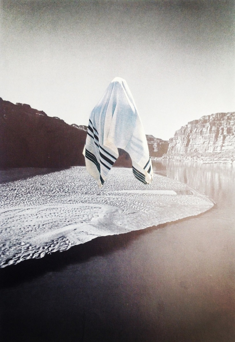 Collage of a body covered by a veil surrounded by a seascape.