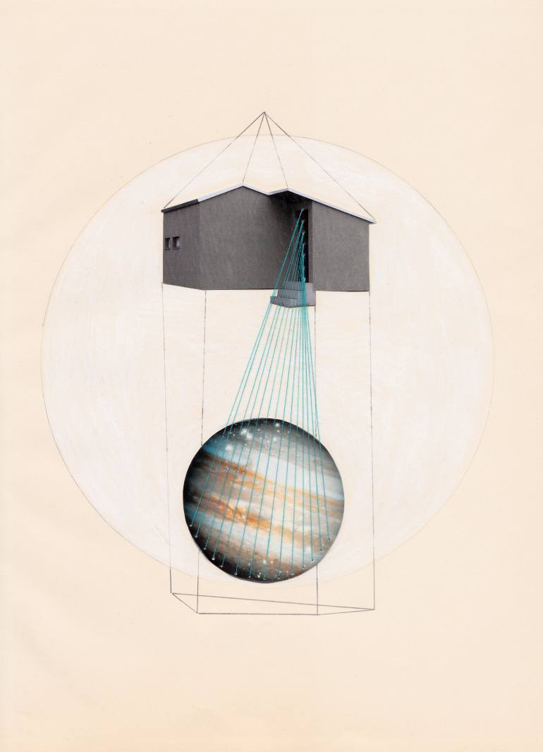 Collage on light brown paper of a house floating and a planet under it decorated with coloured yarns.