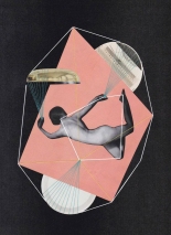 Collage of a naked woman floating into an abstract space and decorated with coloured yarns.