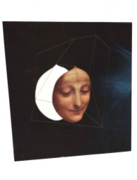 Collage of a female painting face floating into a dark abstract space.