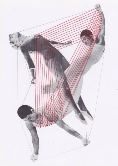 Collage of three gymnasts connected each other with red yarns.