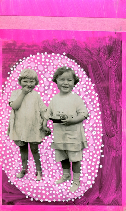 Vintage portrait of two baby girls holding theirs hands decorated with shocking pink colours.