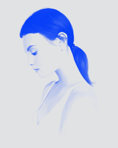 Illustrations of a female three quarter profile portrait coloured with pastel light blue and electric blue.