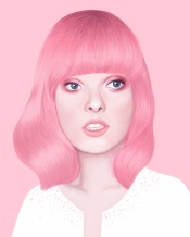 Frontal female portrait with pink hair.