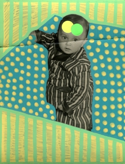 Collage over a portrait photo of a baby dressed with a striped suit.