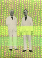 Modern collage on vintage photo of two men staring at the camera and decorated with neon yellow and green colours.
