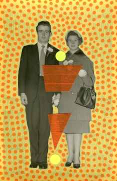 Handmade collage over a couple retro portrait photo decorated with pens and washi tape.