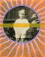 Collage on vintage photo of a baby boy staring at the camera and decorated with washi tape and pens.