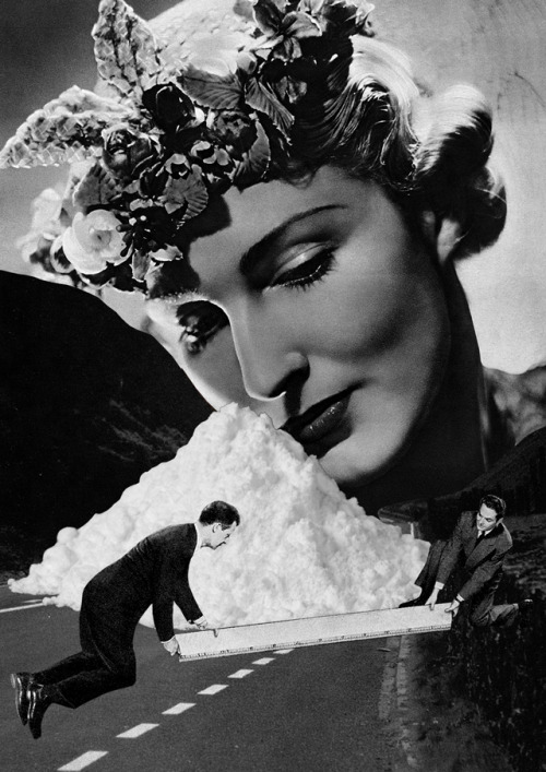 Black and white collage of a giant woman head observing two little men in front of her.