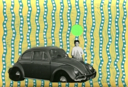 Collage over a retro portrait of a woman behind a car, decorated using stickers and pens.