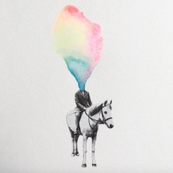Collage of an headless man riding a horse with a rainbow vapour coming out from the head.
