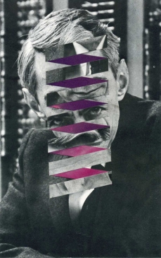 Geometric collage over a defaced vintage man portrait.