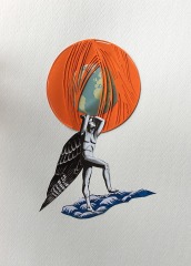 Angel illustration with a rounded orange decoration over him.