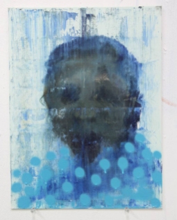 Blue defaced portrait painting.