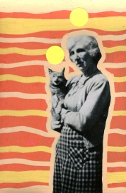 Vintage photo of a woman with cat decorated with orange and yellow pens and neon yellow stickers.