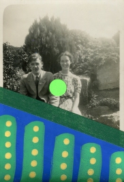 Vintage smiling young couple photo decorated with yellow, blue and green pens, dark green washi tape and neon green stickers.