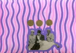 Vintage group of smiling women photo decorated with golden stickers and pink and purple pens.