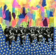 Squared format collage over a vintage photo of a marching band.